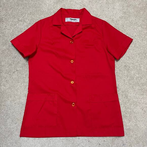Vintage Wrangler Preppy 80s Solid Red Polo Work Shirt Medium - Picture 1 of 5